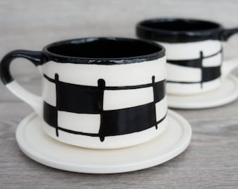 Handmade Ceramic Mugs with Black & White, Set of 2, 8.4oz with Flat Saucers –  Functional and Artisanal Drinkware Set Bday gift for wife
