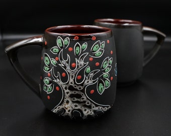 Black coffee mug pottery Paradise tree mug Handmade coffee mug tree 14 oz tea mug ceramic Engraved and painted mountain mug