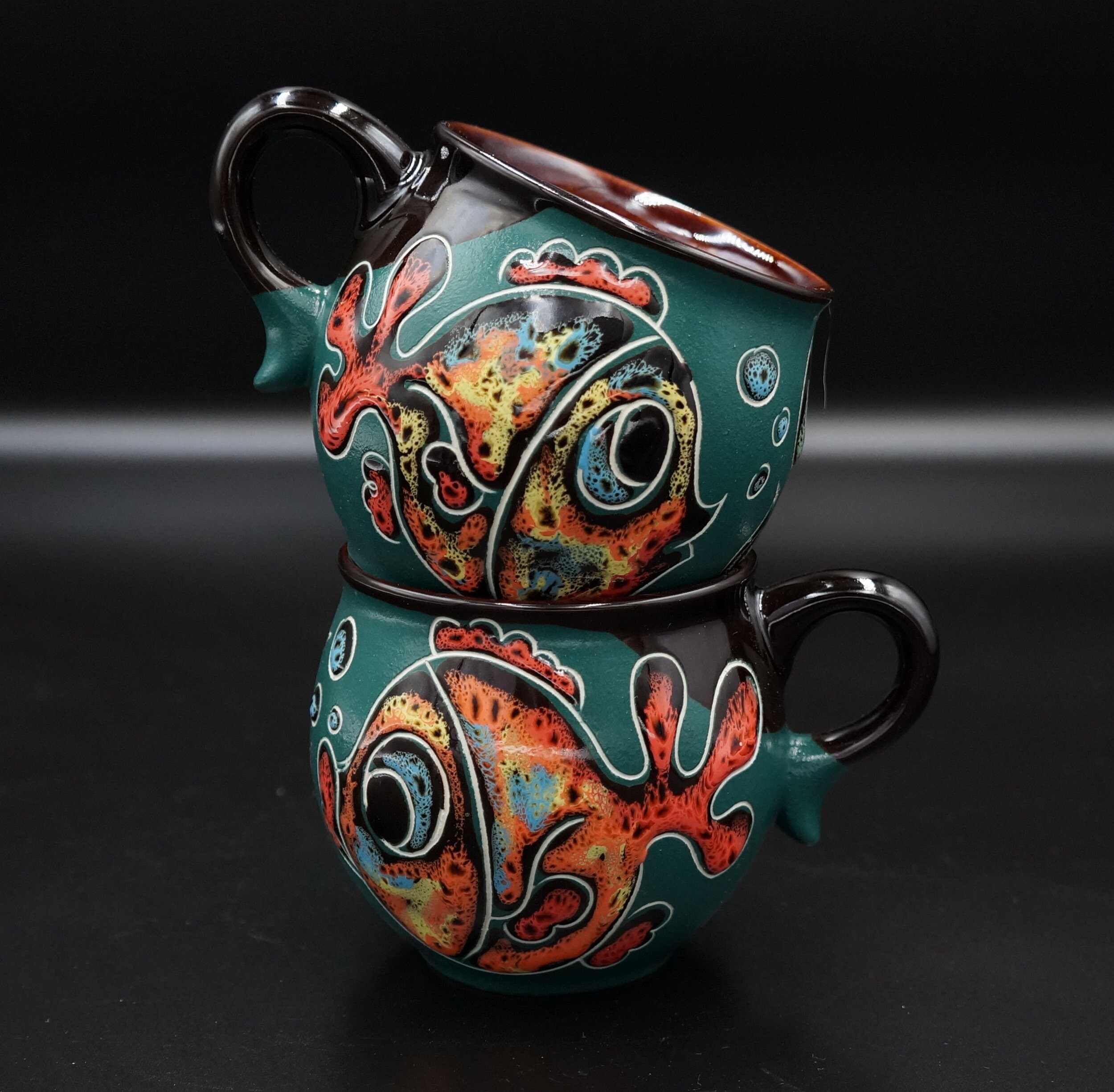 Handmade Ceramic Mug Fish Set of 2 Green Engraved and Etsy Australia