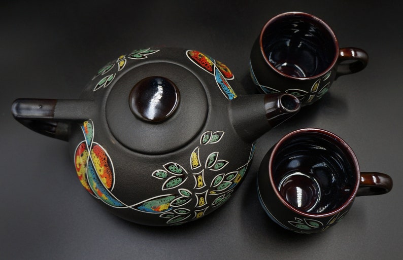 Pottery dinnerware Black ceramic tea set Chinese spring Etsy