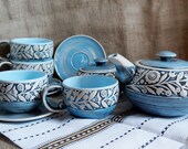 Ceramic tea set of 10 Royal blue stoneware tea pot with four mugs and saucers and sugar bowl Wedding gift Functional pottery kitchenware set