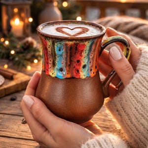 Handmade ceramic coffee tea mug pottery 11.8 oz Stoneware mug brown with multi-colored rainbow rim Farmhouse style Coffee lovers mug ceramic