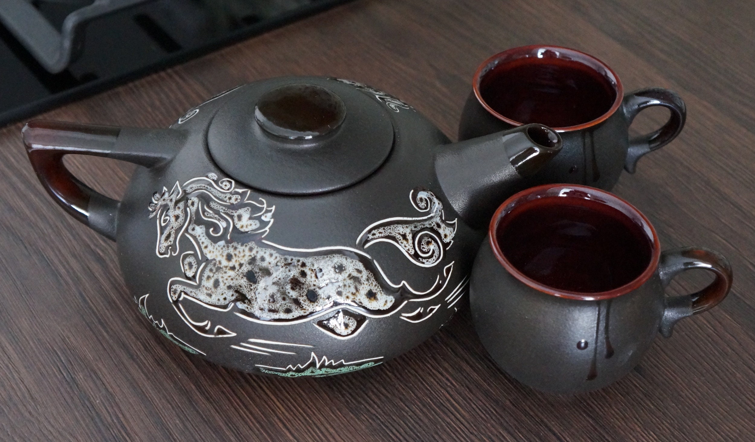 Teapot set with 2 mug 6.5 oz Handmade tea set ceramic Engraved Etsy