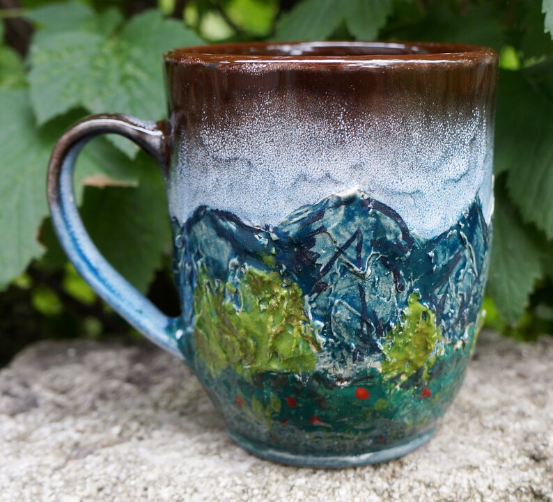 Mountain Hand Thrown Mug 16 Oz Handpainted Ceramic Coffee Mug Etsy