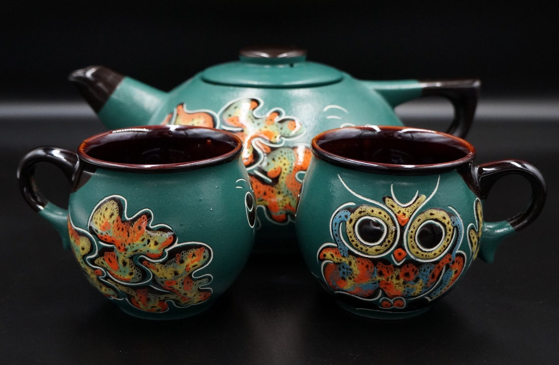 Tea set Owls Teapot set Ceramic pottery Green Owl teapot Tea Etsy