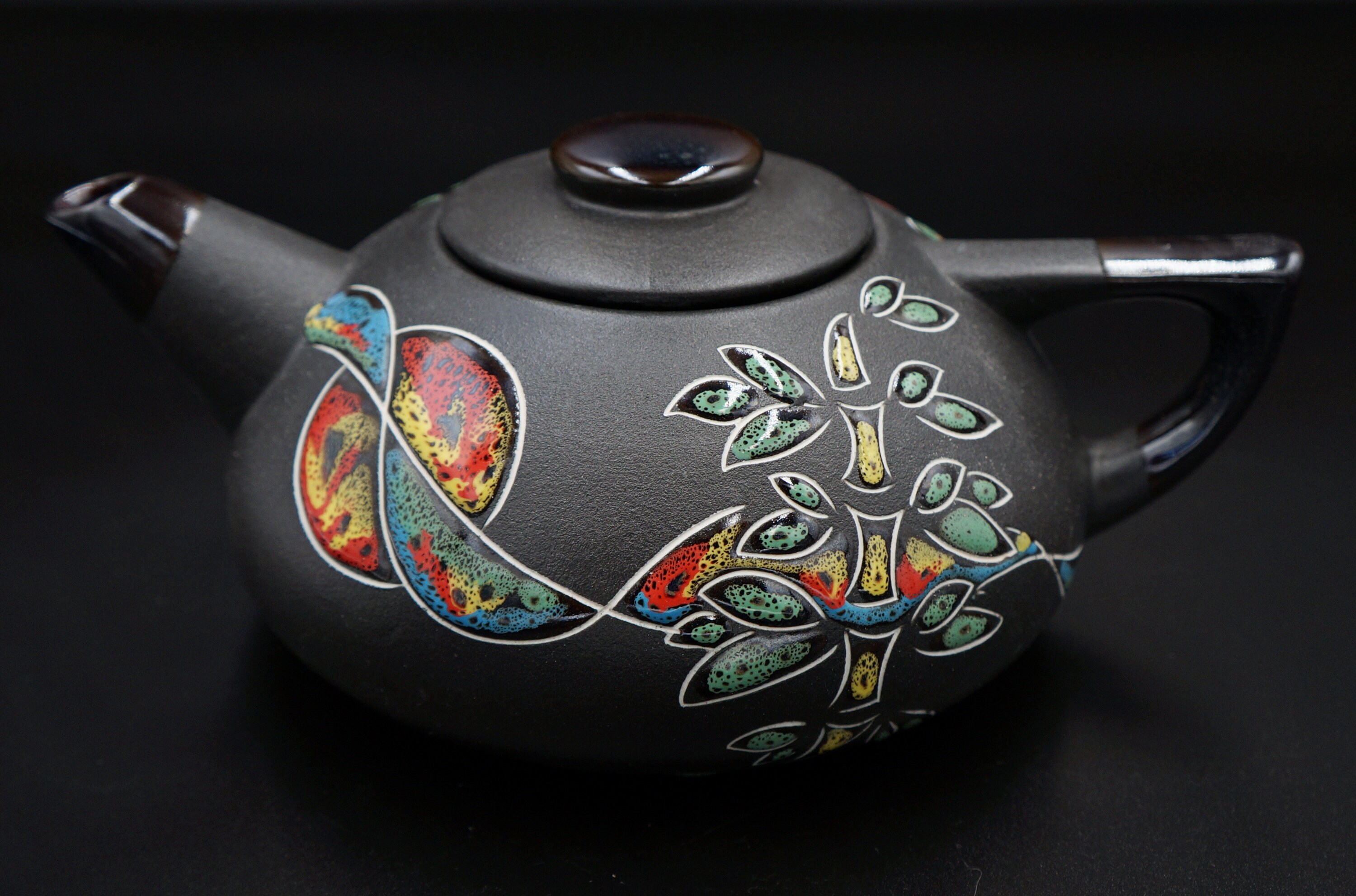 Balinese Matte Black Ceramic Tea Set with Teak Handle