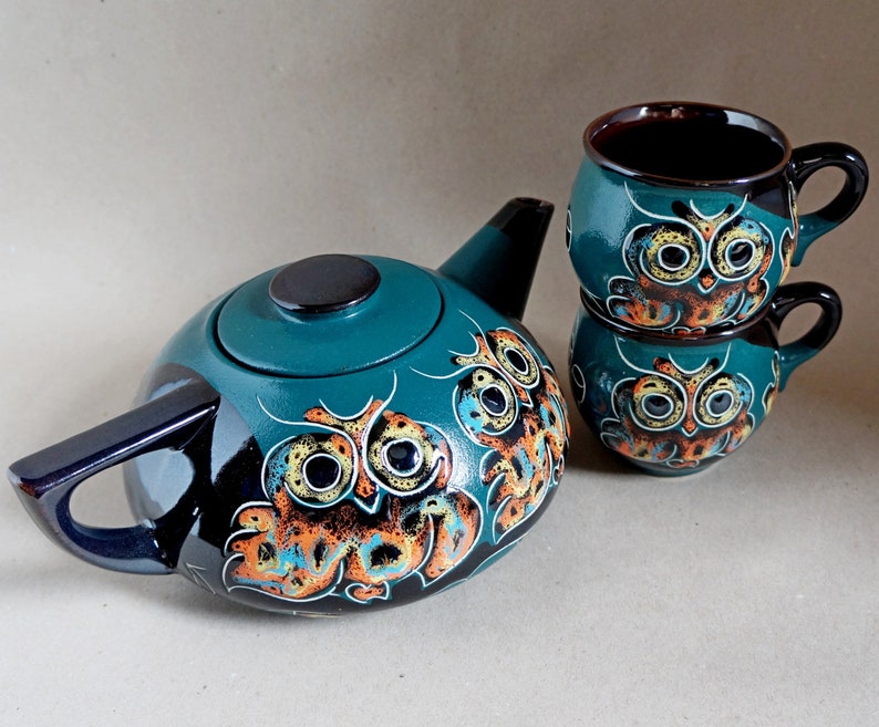 Tea set Owls Teapot set Ceramic pottery Green Owl teapot Tea Etsy
