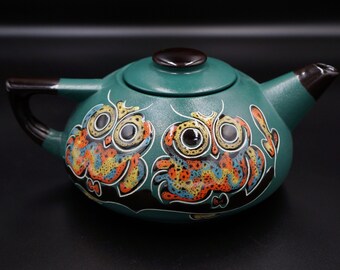 Teapot centerpiece Green ceramic teapot Owls stoneware teapot Handmade tea pot pottery Rustic pottery Farmhouse style teapot Gift for mom