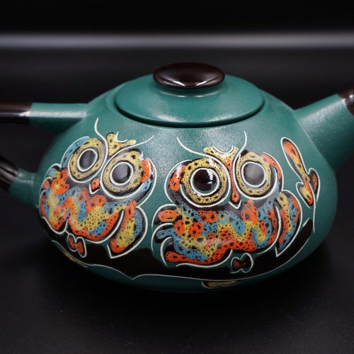 Teapot centerpiece Green ceramic teapot Owls stoneware teapot Handmade tea pot pottery Rustic pottery Farmhouse style teapot Gift for mom