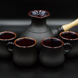 Black coffee pot ceramic with two or four small coffee mug 3 oz