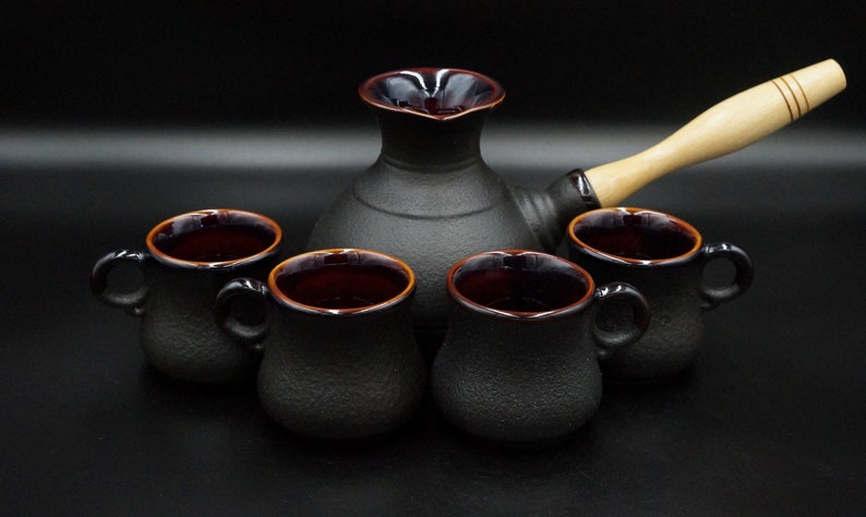 Black coffee pot ceramic with two or four small coffee mug 3 oz