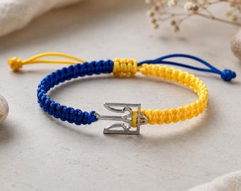 Ukrainian Tryzub Bracelet | Blue Yellow Macrame Bracelet | Adjustable Ukraine Friendship Bracelet | Patriotic Gift for Men Women
