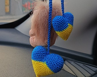Car mirror pendant Crochet hearts Patriotic accessories Stand with Ukraine flag color hearts yellow blue Solidarity car decor