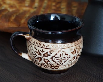 Handmade ceramic tea mug 10.5 oz Pottery coffee mug in folk style Ukrainian mug