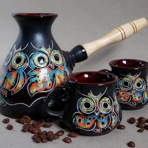 Turkish coffee set ceramic Brown coffee pot and 2 small coffee mugs 3.3oz Clay coffee maker Handmade engraved and painted owl set pottery