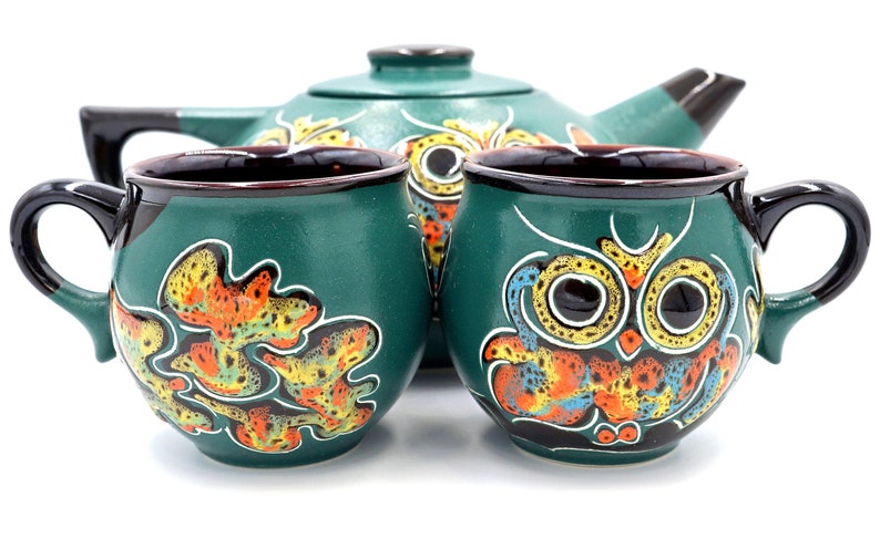 Tea set Owls Teapot set Ceramic pottery Green Owl teapot Tea Etsy