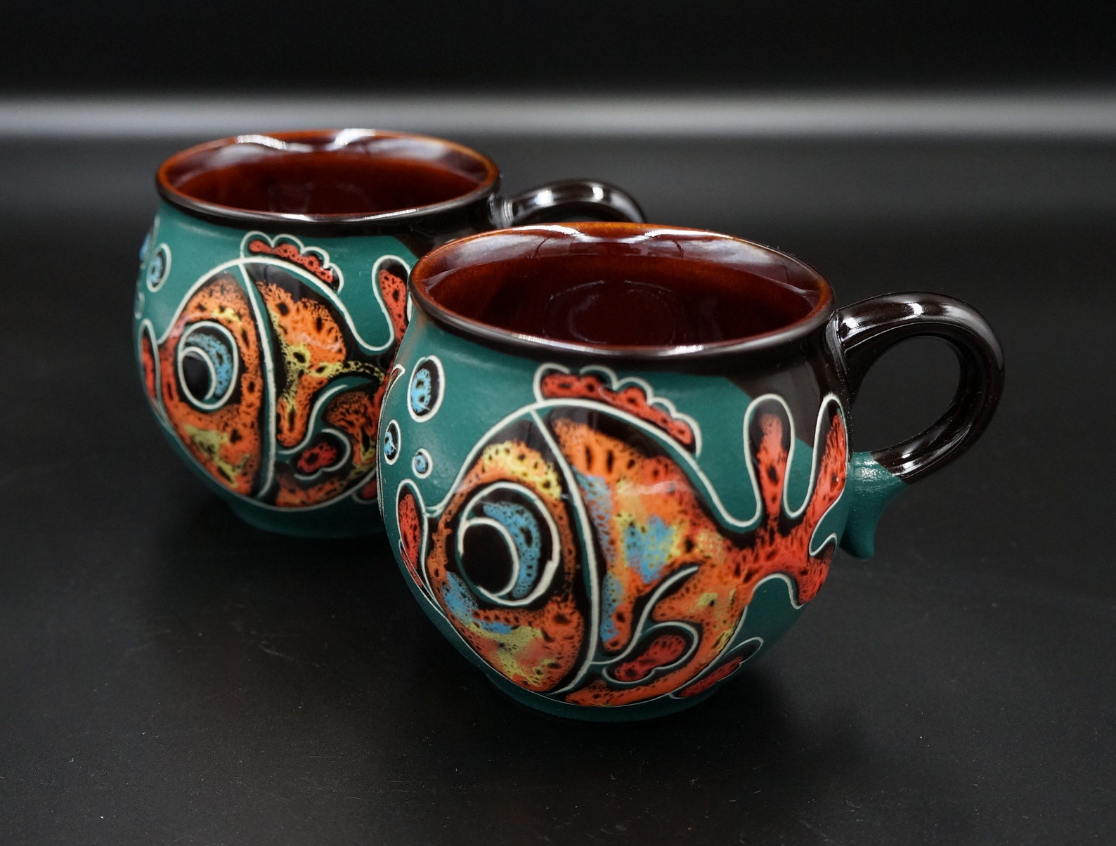 Handmade Ceramic Mug Fish Set of 2 Green Engraved and Etsy Israel