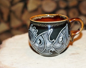 Small ceramic coffee mug 6.5 oz Nautical gift mug for sister wife mother Handmade engraved and painted  fish mug pottery