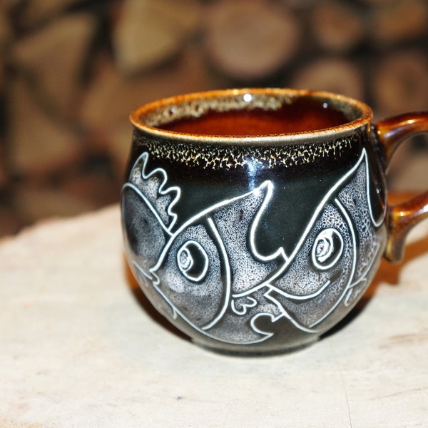 Small ceramic coffee mug 6.5 oz Nautical gift mug for sister wife mother Handmade engraved and painted  fish mug pottery