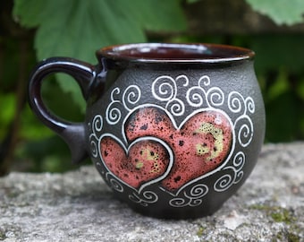 Handmade ceramic hearts coffee mug 6.5 oz Stoneware mug pottery Engraved and painted mug