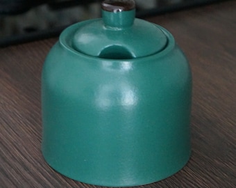Green ceramic sugar bowl or jar with lid Pottery sugar bowl green design Stoneware storage jar Small sugar bowl Kitchen canister