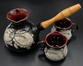 Turkish coffee set ceramic Engraved and painted Handmade pottery coffee set Coffee pot and two small mugs Coffee fans gifts