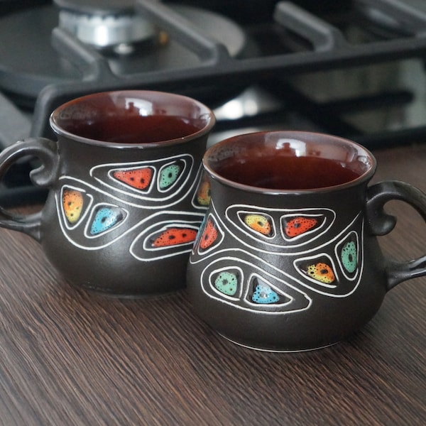 Juego de 2 tazas de espresso de cerámica hechas a mano, tazas pequeñas de café turco de 97 ml (3.3 oz), cerámica negra mate, tazas de café pintadas a mano.