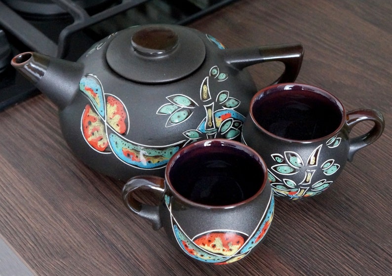Pottery dinnerware Black ceramic tea set Chinese spring Etsy