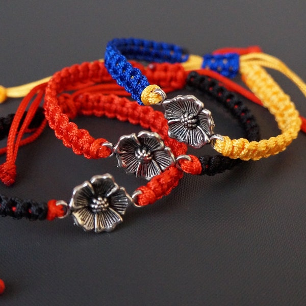 Ukrainian flower braided bracelet Yellow and blue or red and black macrame bracelet Ukrainian flag gift Friendship bracelet summer jewelry