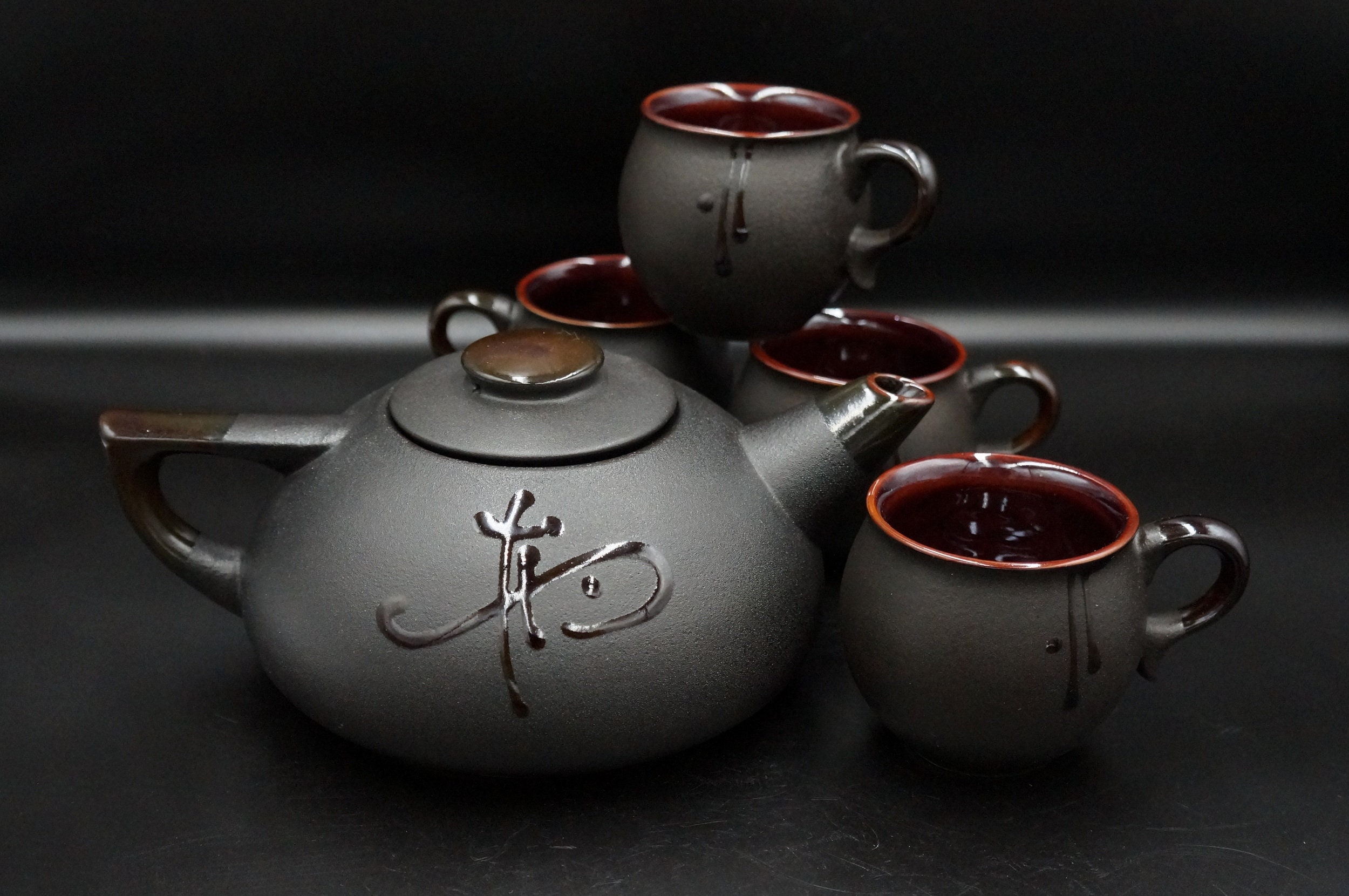 Pure black ceramic teapot set with four 6.5 oz tea mug ceramic Etsy