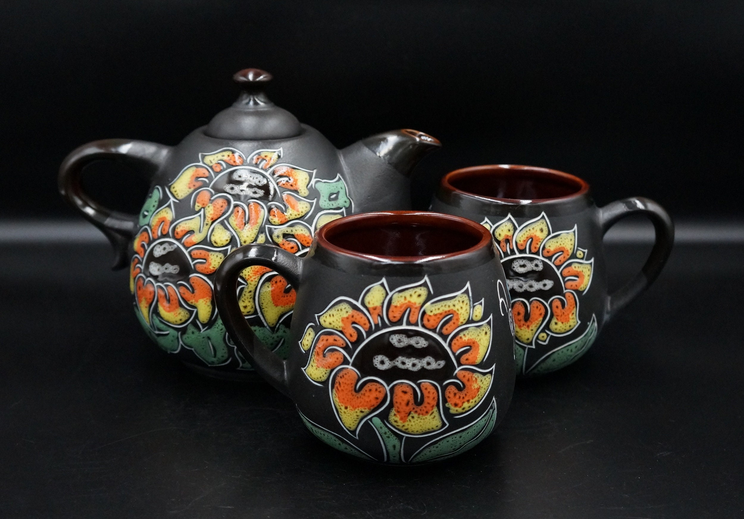 Sunflower gift Ceramic tea set handmade Teapot 28 oz and two Etsy