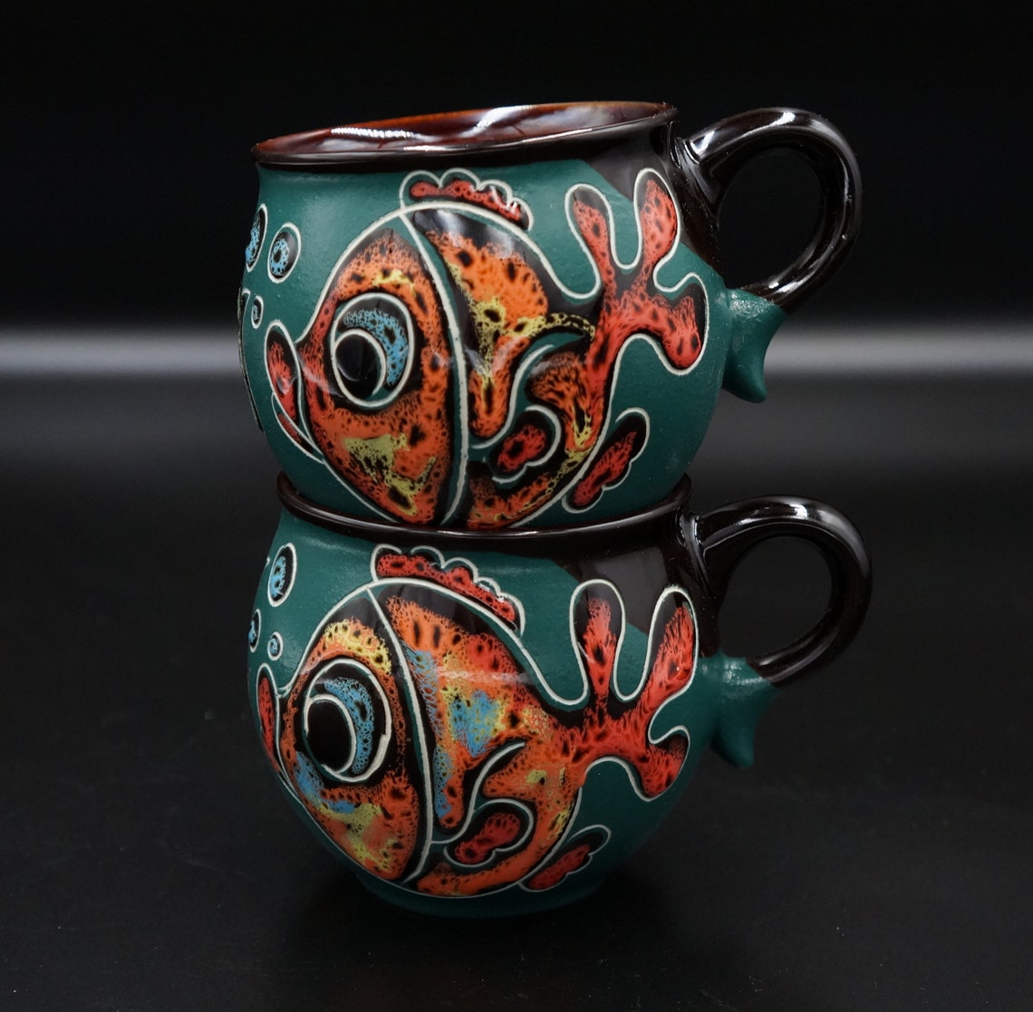 Handmade Ceramic Mug Fish Set of 2 Green Engraved and Etsy UK