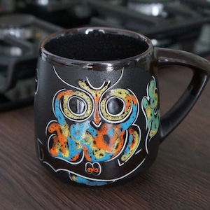 Owl mug for women Owl coffee mug ceramic Owl gift for coffee lovers Ceramic mug engraved and hand-painted