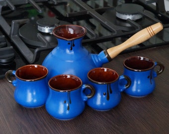 Blue, orange or black turkish coffee set ceramic with four small turkish coffee cups Coffee lovers gifts for Christmas