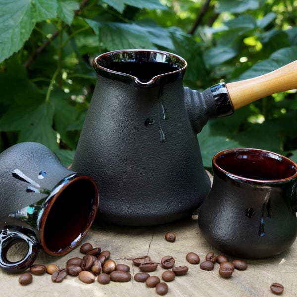 Black ceramic coffee set with 4 mugs Turkey coffee pot coffee maker Birthday gift for coffee lovers Christmas gifts Ukrainian shop