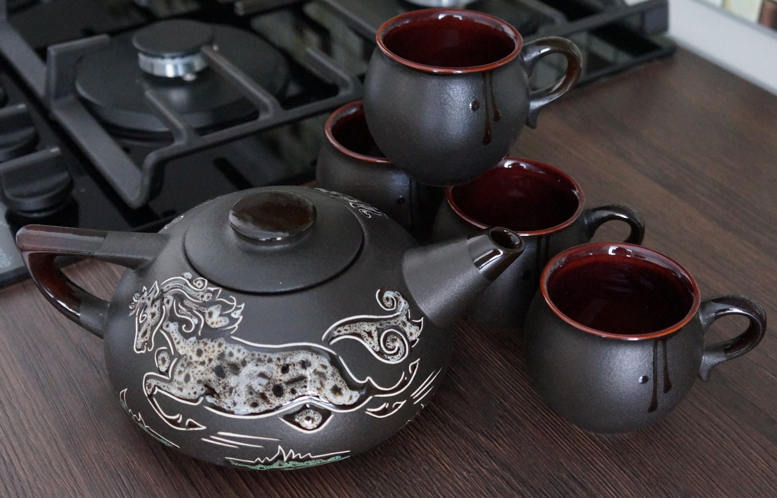 Handmade ceramic tea set Engraved and painted teapot ceramic Etsy