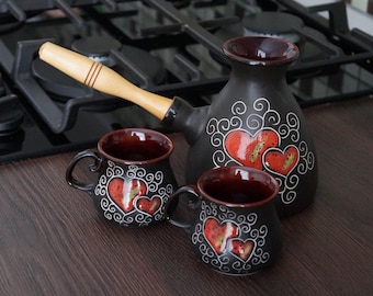 Handmade ceramic coffee pot set black with red hearts Turkish coffee set Ceramic coffee pot and two small coffee mugs Hearts gift for her