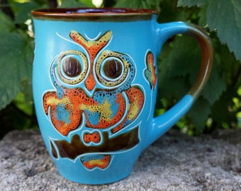 handmade ceramic mug owl 16 oz large coffee mug for women coffee cup mom gift owls mug oak leaves stoneware mug