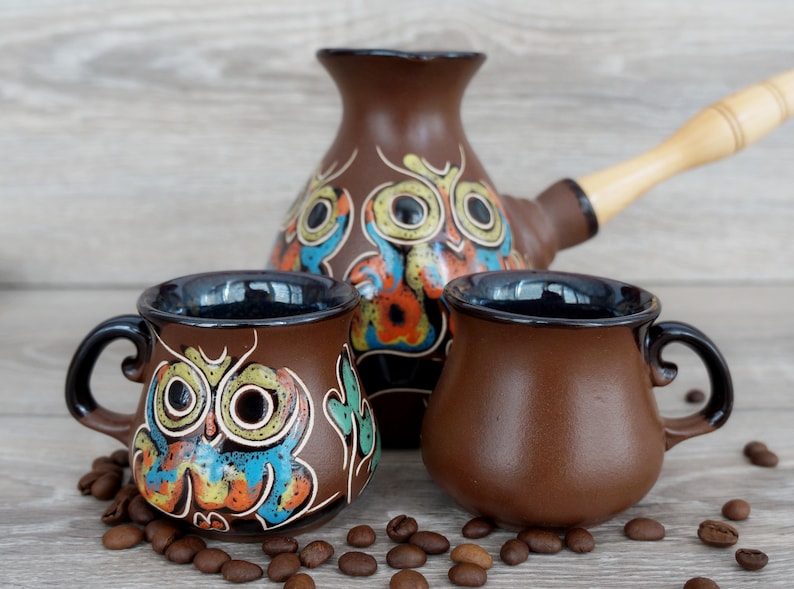 Turkish Coffee Set Ceramic Coffee Pot & 2 Mugs Owl Gift for Etsy