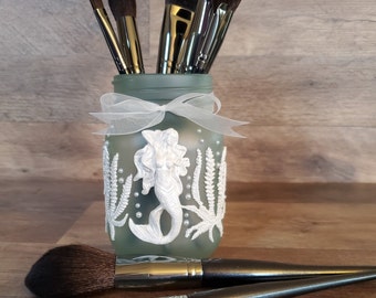 Green Sea Glass and Mermaid Makeup Brush Holder