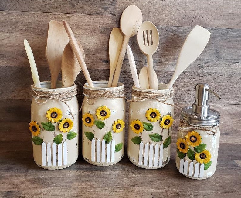 Sunflower Kitchen Utensil Mason Jar Set Etsy