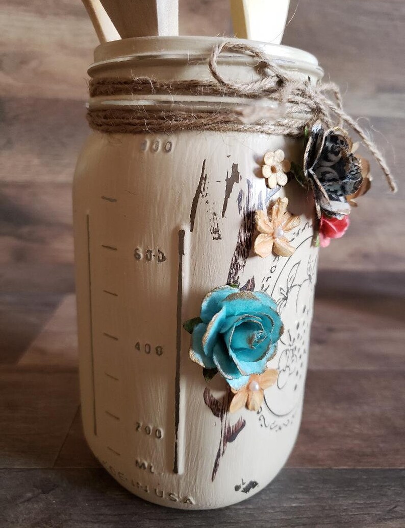 Cream and Multi Color Flower Mason Jar Kitchen Utensil Set Etsy