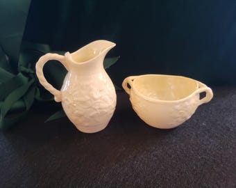 Vintage Belleek Ivy Pattern Creamer and Sugar Bowl - 5th Green Mark - Made in Ireland
