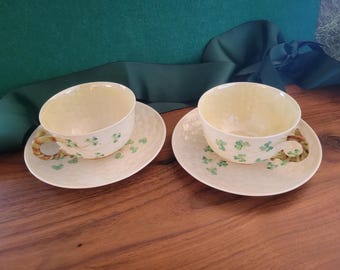 Vintage Belleek Shamrock Teacups and Saucers, set of 2 - 5th Green Mark & 6th Green Mark - Ireland