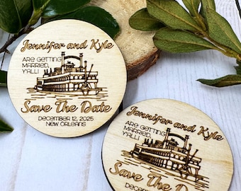 New Orleans Themed Magnetic Save The Date - Laser Cut - Custom Made - Natural Wood - Steamboat Natchez - Wedding Magnets Favors- Magnet Only