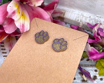 New Orleans LSU Earrings - Handmade Wooden Stud Earrings - Louisiana State University Tiger Paw - Geaux Tigers