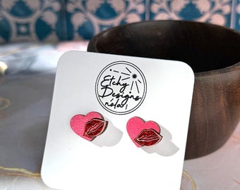 Valentines Heart and Lips Studded Earrings - Glitter Acrylic and Handpainted Wood - Laser Cut - Be My Valentine Earrings - Kiss Me