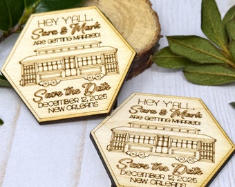 New Orleans Themed Magnetic Save The Date - Laser Cut - Custom Made - Natural Wood - Streetcar - Wedding Magnets Favors - Magnet Only