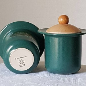Vintage Hoganas Keramik Swedish Stoneware Mugs: Green Ceramic Cups with Wooden Lid