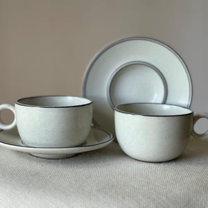 Set of 2 Gustavsberg BIRKA vintage ceramic coffee cups & saucers Stig Lindberg design Gray line Swedish Scandinavian Home Decor 1970s.